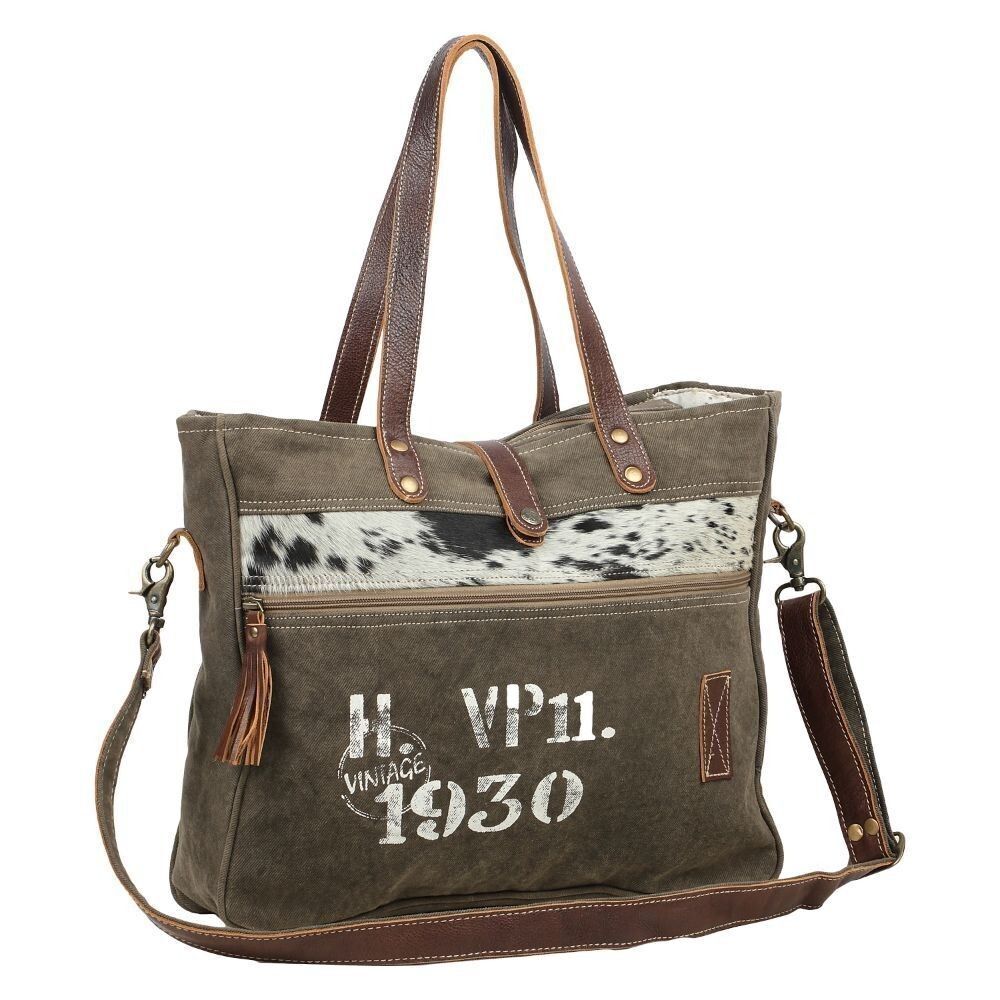Myra Bag Handmade Classic Messenger Bag Upcycled Canvas & Cowhide Leather - Picture 3 of 6